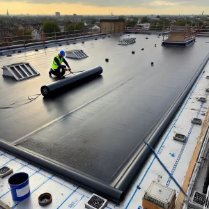 DALL·E-2024-10-02-15.45.40-A-large-rooftop-area-being-waterproofed-with-an-EPDM-membrane.-The-EPDM-sheet-is-spread-out-across-the-roof-covering-all-surfaces-with-a-smooth-unbr